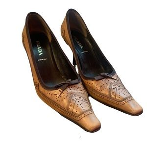 Prada Rare Vintage Pointed Toe Mules Kitten Pump Heels Shoes Leather Accents